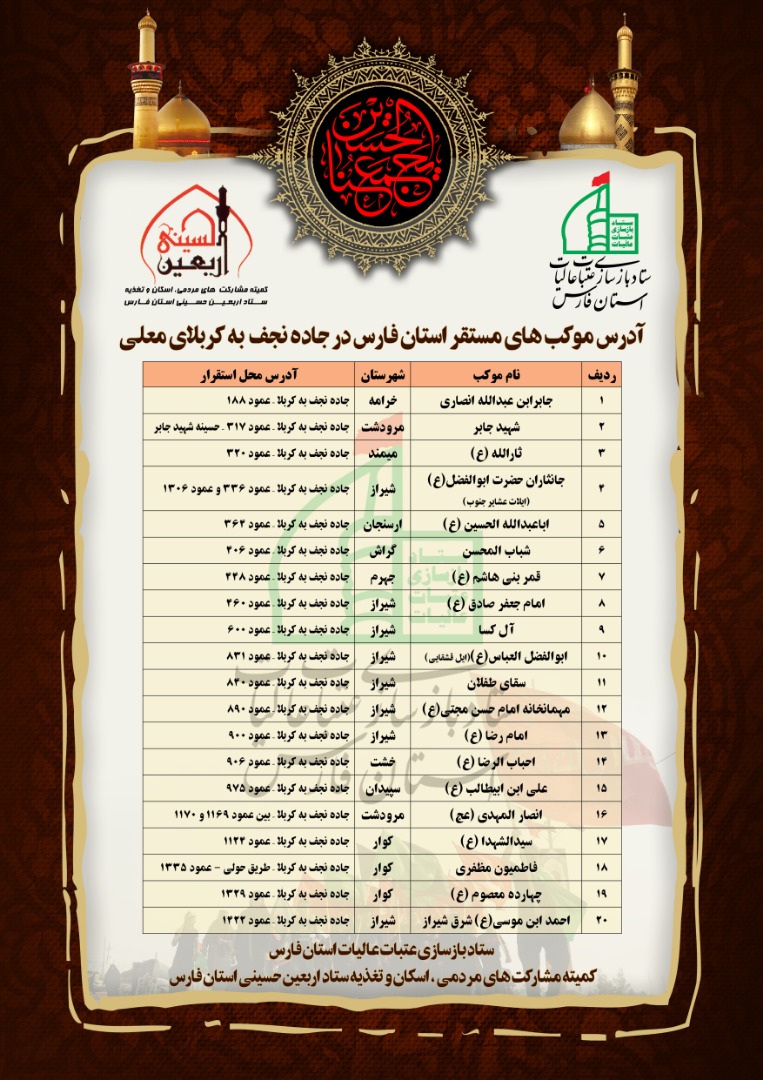محل استقرار موکب&zwnj;های اربعینی فارس