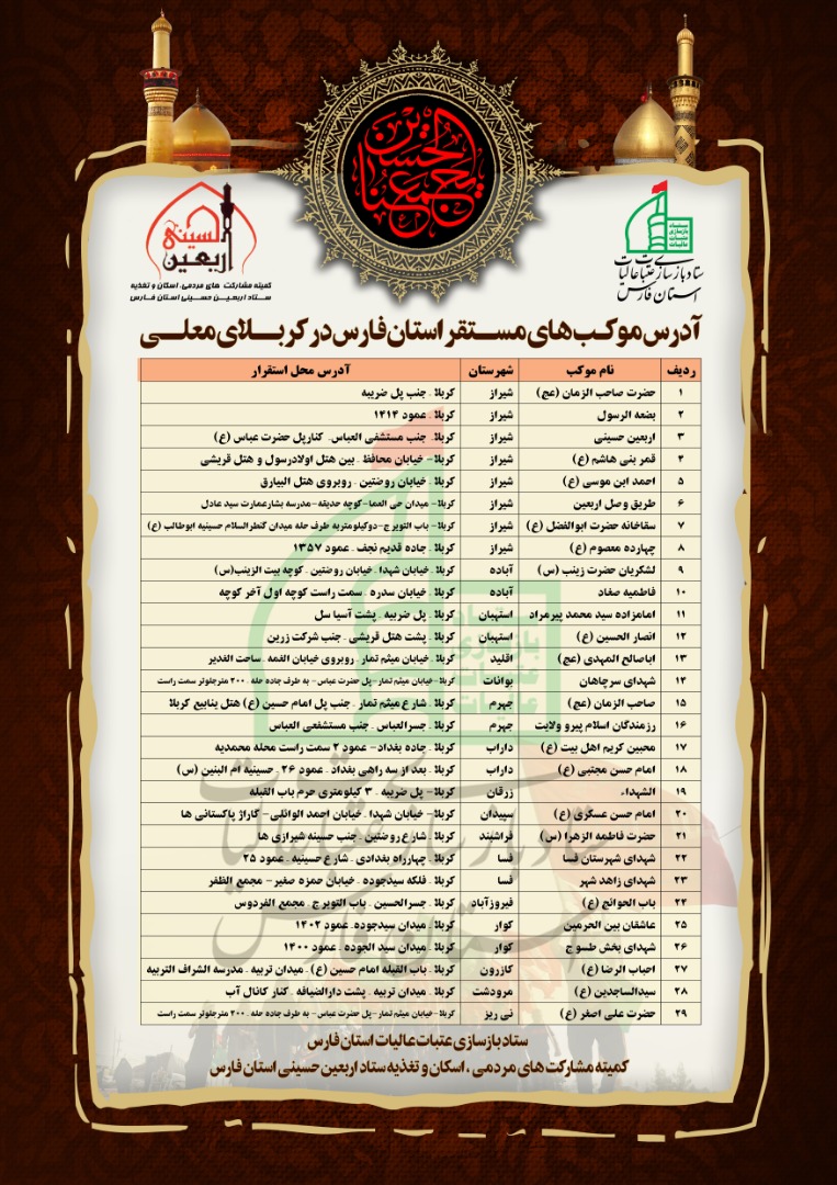 محل استقرار موکب&zwnj;های اربعینی فارس