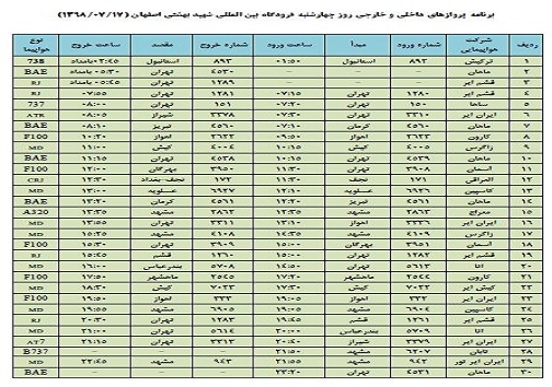 فهرست ۳۰ پرواز فرودگاه بین المللی شهید بهشتی اصفهان