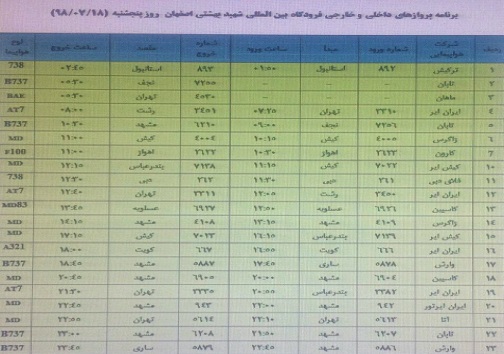 فهرست ۲۳ پرواز فرودگاه بین المللی شهید بهشتی اصفهان