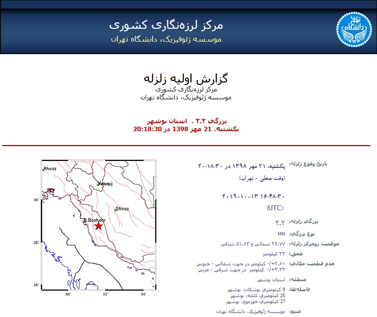 زلزله‌ای به بزرگی ۳.۲ ریشتر در بوشکان دشتستان رخ داد