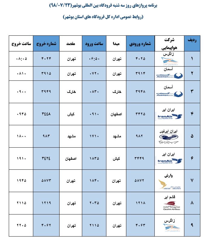 پرواز&zwnj;های فرودگاه بوشهر در ۲۳ مهر ۹۸