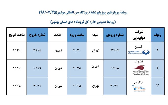پرواز&zwnj;های فرودگاه بوشهر در ۲۵ مهر ۹۸