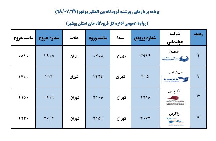 پرواز&zwnj;های فرودگاه بوشهر در ۲۷ مهر ۹۸