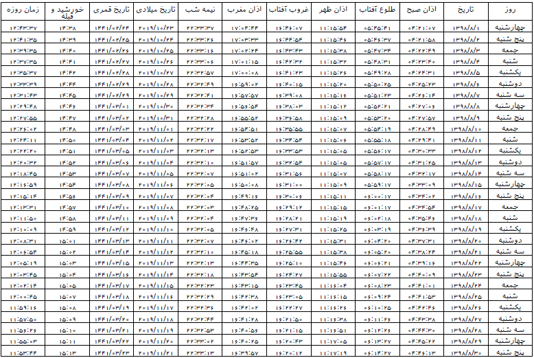 اوقات شرعی مشهد آذر ماه سال ۹۸