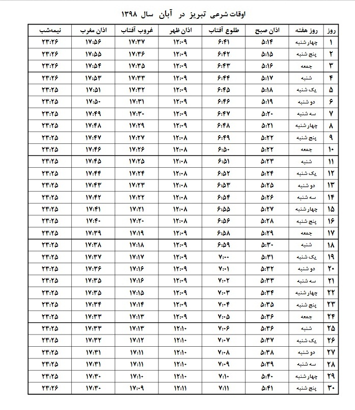 اوقات شرعی تبریز در آبان ماه ۱۳۹۸