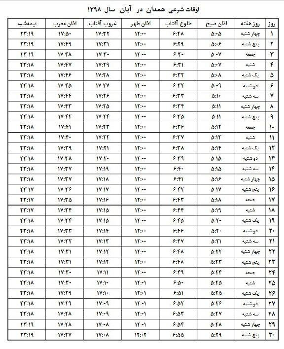اوقات شرعی آبان ۱۳۹۸ استان همدان