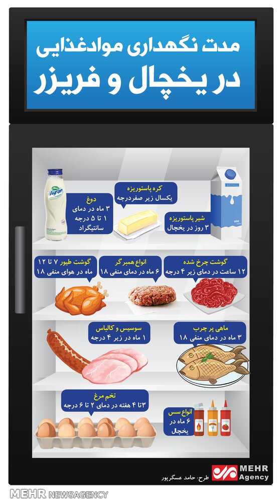 مدت زمان نگهداری مواد غذایی در یخچال و فریز چقدر است؟ + اینفوگرافیک