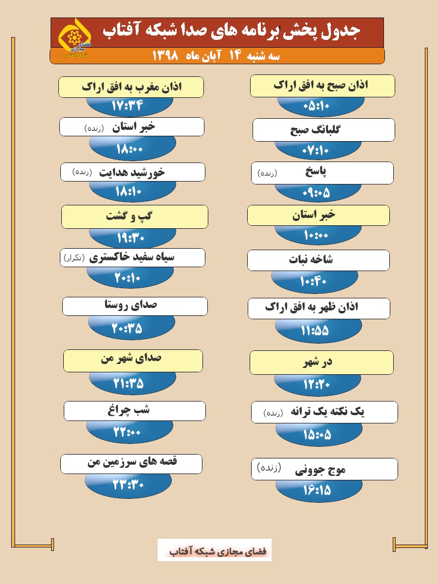 برنامه&zwnj;های صدای شبکه آفتاب در چهاردهم آبان ۹۸