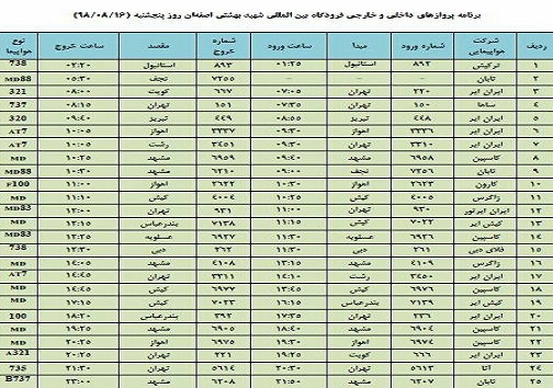 فهرست ۲۵ پرواز داخلی و خارجی فرودگاه اصفهان