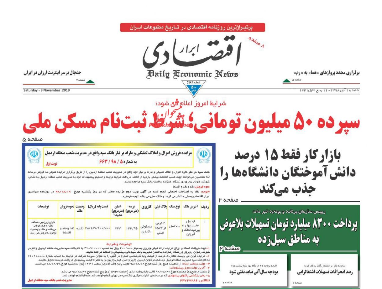صفحه نخست روزنامه&zwnj;های اقتصادی ۱۸ آبان