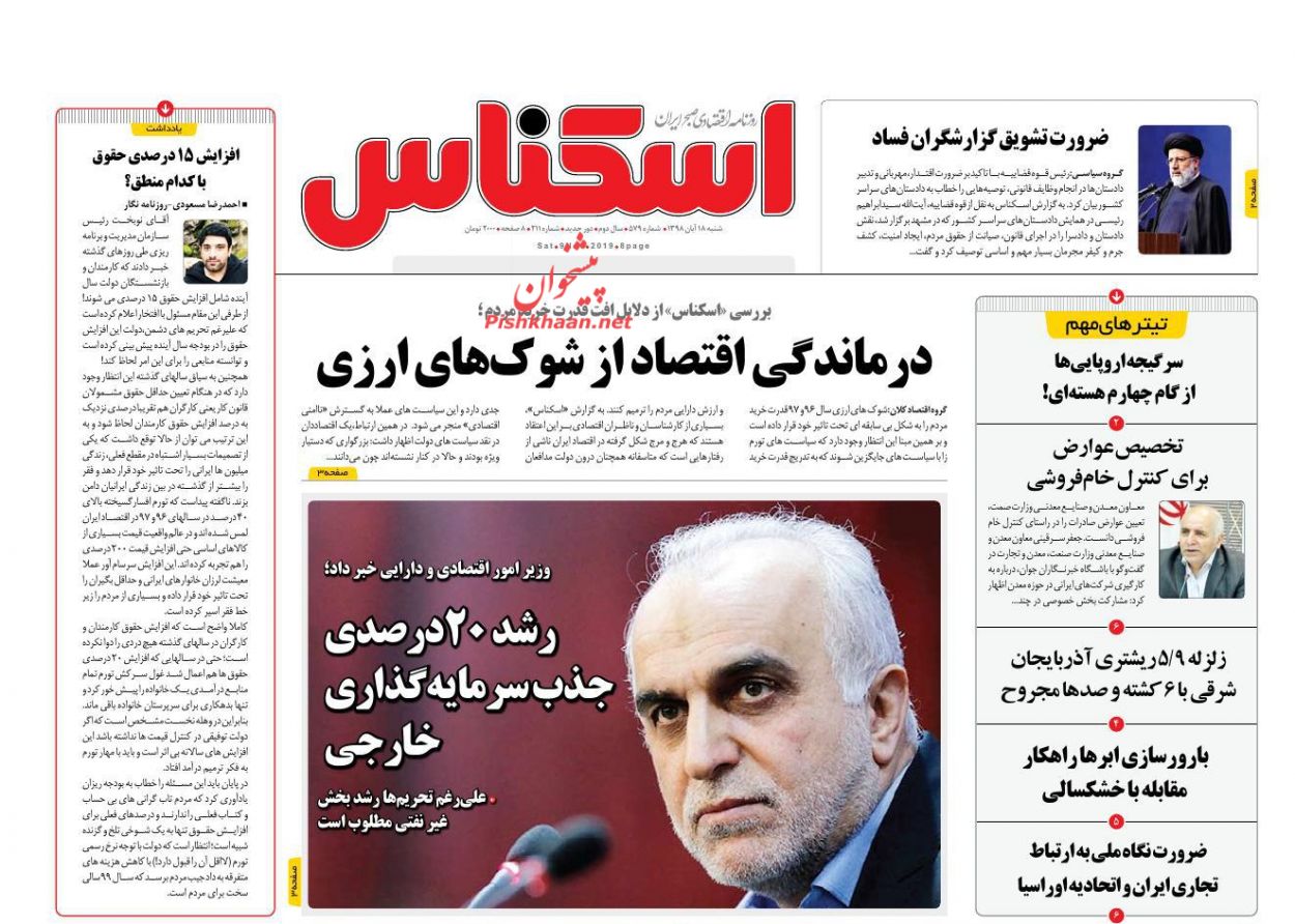 صفحه نخست روزنامه&zwnj;های اقتصادی ۱۸ آبان
