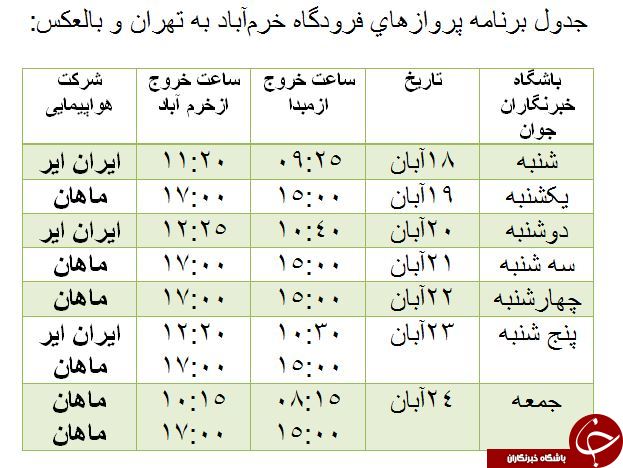 برنامه پرواز&zwnj;های فرودگاه خرم&zwnj;آباد از ۱۸ تا ۲۴ آبان