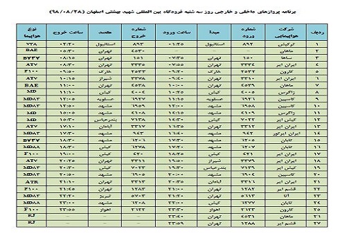 فهرست ۲۷ پرواز داخلی وخارجی فرودگاه اصفهان