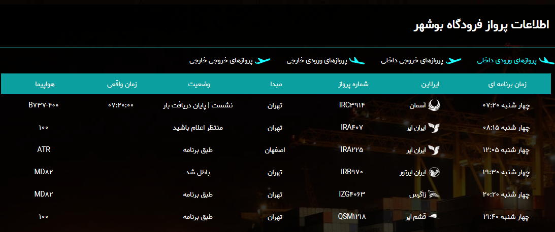 جدول پرواز&zwnj;های فرودگاه بوشهر در ۲۹ آبان ۹۸