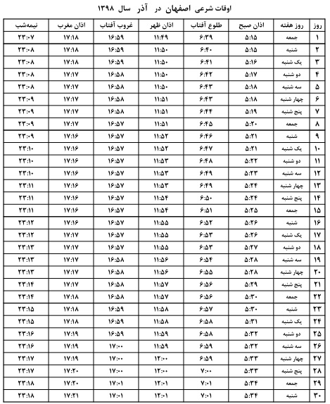 اوقات شرعی اصفهان آذر سال ۹۸