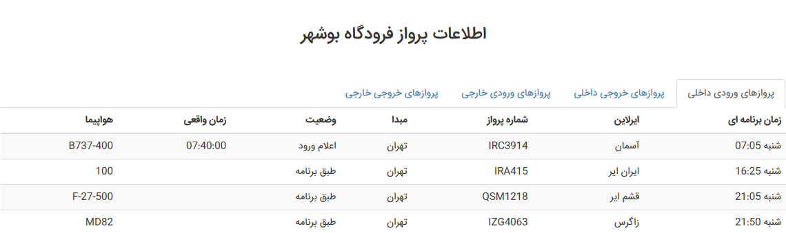 جدول پرواز&zwnj;های فرودگاه بوشهر در ۴ آبان ۹۸
