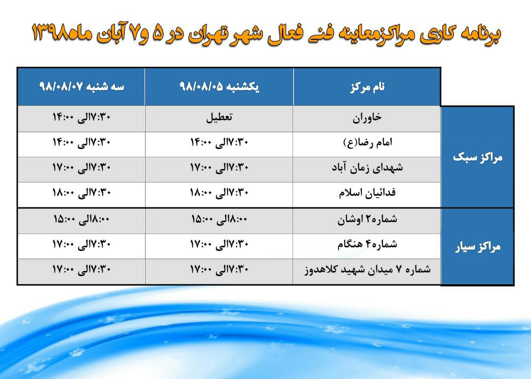 ساعت کاری مراکز معاینه فنی در روز&zwnj;های ۵ و ۷ آبان ماه اعلام شد
