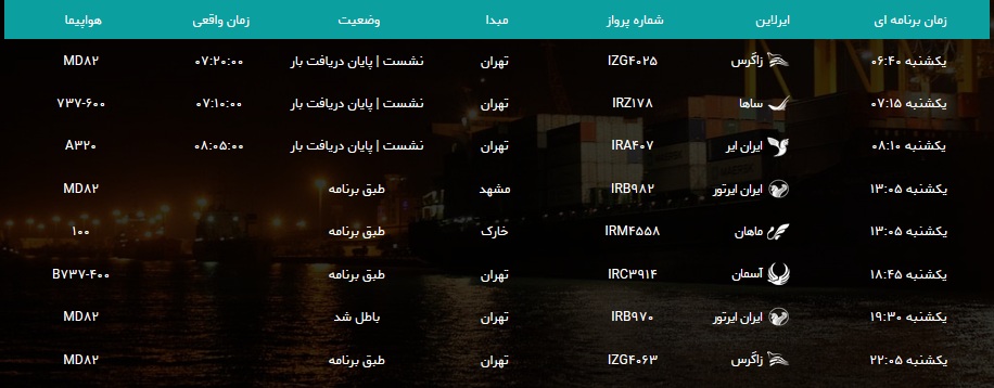 جدول پرواز&zwnj;های فرودگاه بوشهر در ۵ آبان ۹۸