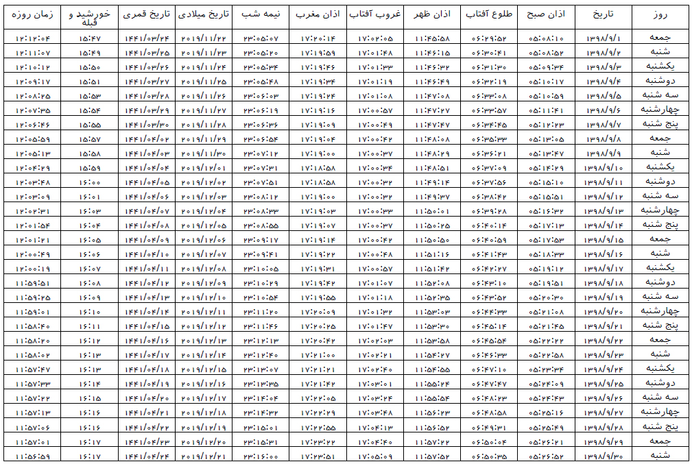 اوقات شرعی شیراز در آذرماه سال ۱۳۹۸