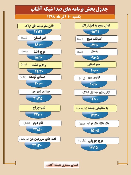برنامه&zwnj;های صدای شبکه آفتاب در دهم آذرماه ۹۸