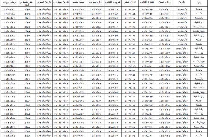 اوقات شرعی آذر ماه ۱۳۹۸ به افق یزد