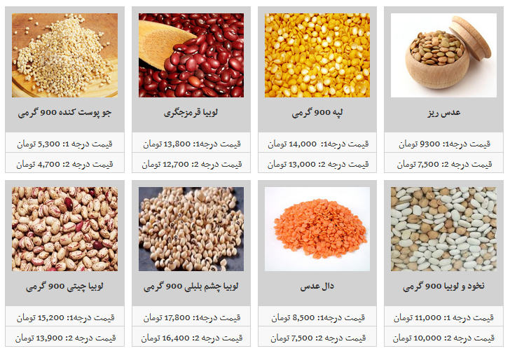 حبوبات بسته بندی شرکتی دئر غرفه های تره بار چند قیمت است؟