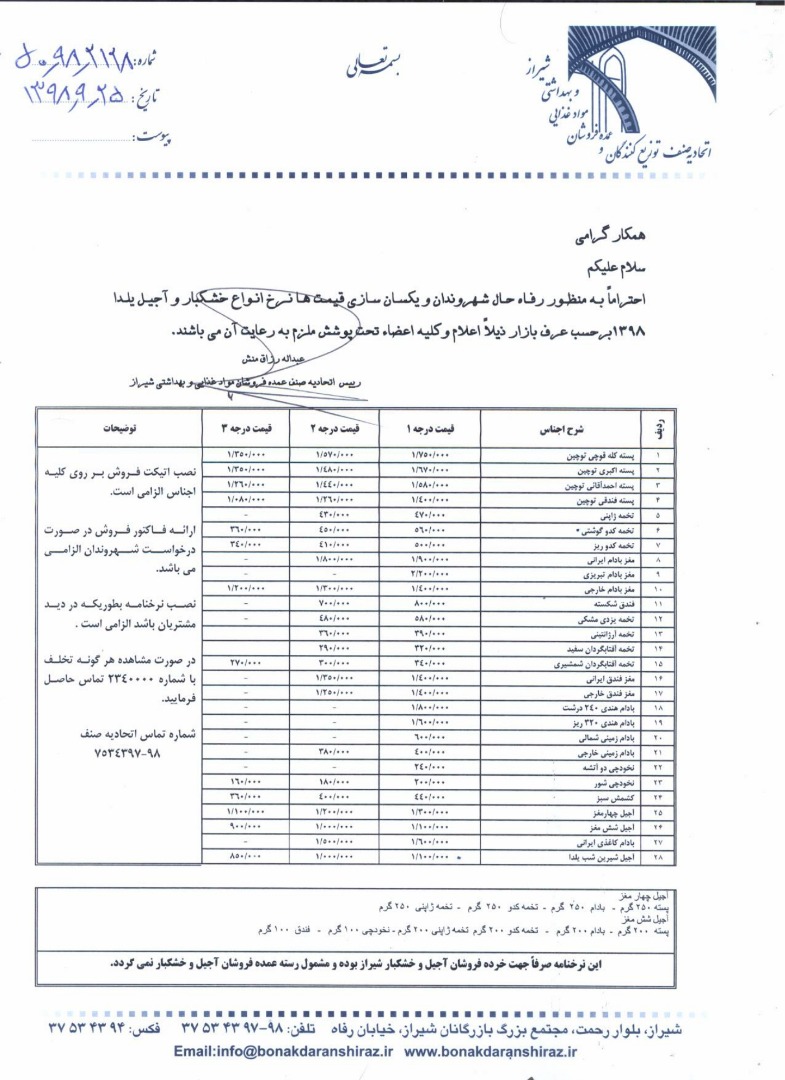 نرخ آجیل و خشکبار شب یلدا در شیراز