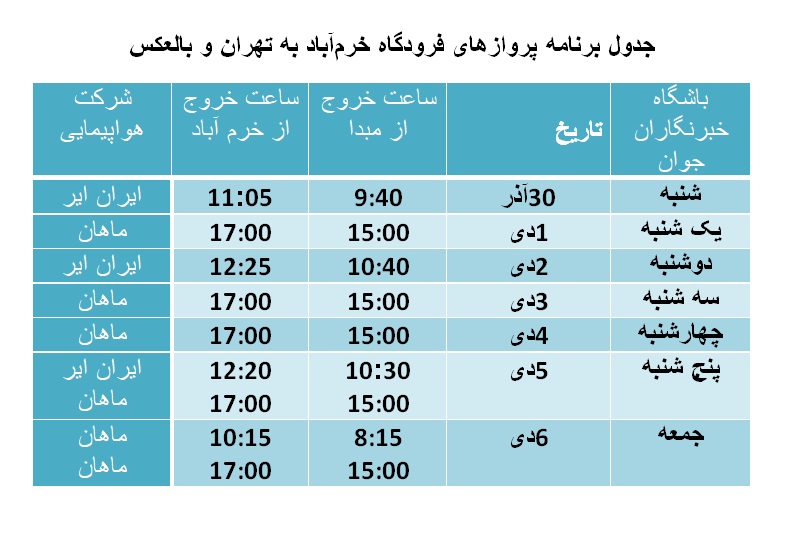 برنامه پرواز‌های فرودگاه خرم‌آباد از ۳۰ آذرماه تا ۶ دی ماه