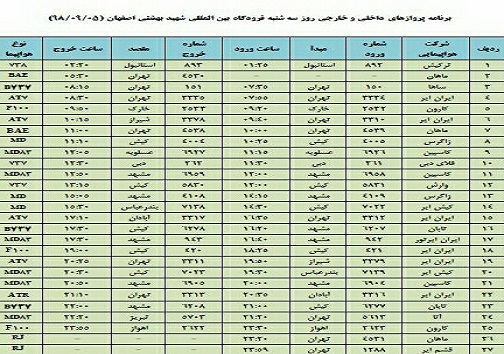 فهرست ۲۷ پرواز داخلی وخارجی فرودگاه اصفهان