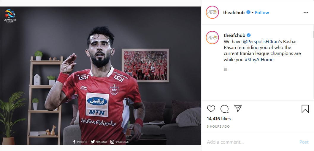توصیه صفحه AFC به در خانه ماندن با انتشار تصویر بازیکن پرسپولیس