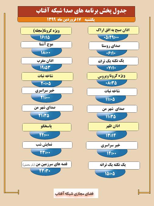 برنامه&zwnj;های صدای شبکه آفتاب در هفدهم فروردین ماه ۹۹