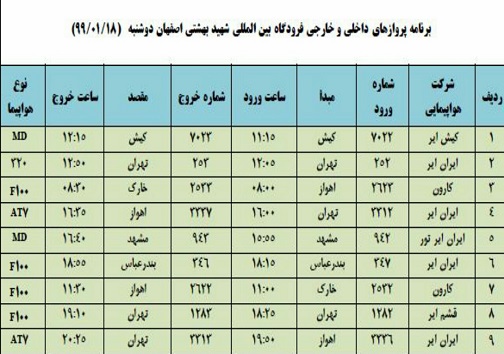 برنامه پرواز&zwnj;های ۱۸ فروردین فرودگاه شهید بهشتی اصفهان