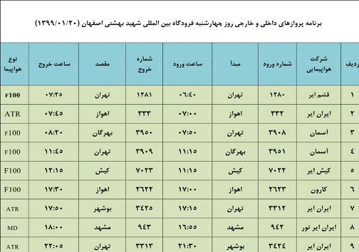 برنامه پرواز&zwnj;های ۲۰ فروردین فرودگاه شهید بهشتی اصفهان