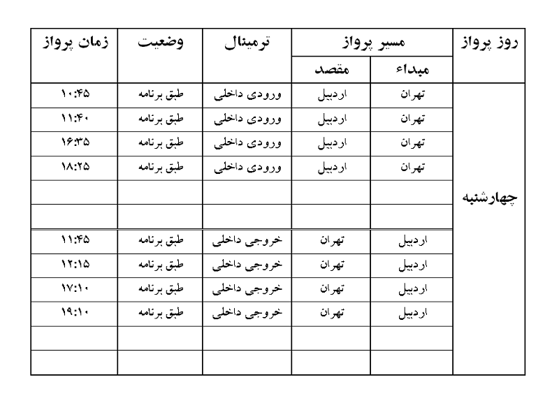 پرواز&zwnj;های فرودگاه اردبیل چهارشنبه ۲۰ فروردین ماه