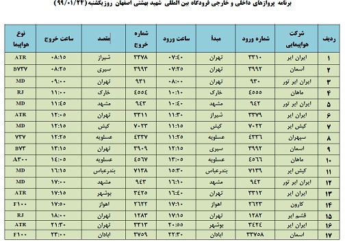 برنامه پرواز&zwnj;های ۲۴ فروردین فرودگاه شهید بهشتی اصفهان