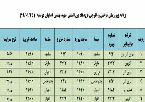 برنامه پرواز&zwnj;های ۲۵ فروردین فرودگاه شهید بهشتی اصفهان