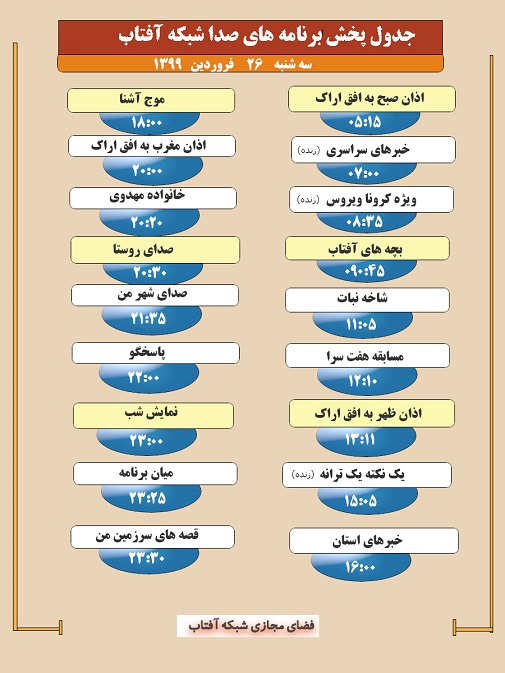 برنامه&zwnj;های صدای شبکه آفتاب در بیست و ششم فروردین ماه ۹۹