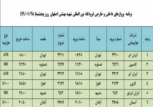 برنامه پرواز&zwnj;های ۲۸ فروردین فرودگاه شهید بهشتی اصفهان