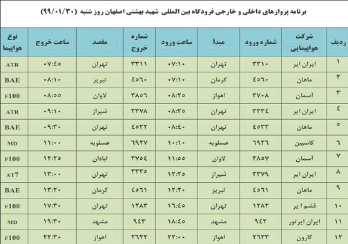 برنامه پرواز&zwnj;های ۳۰ فروردین فرودگاه شهید بهشتی اصفهان