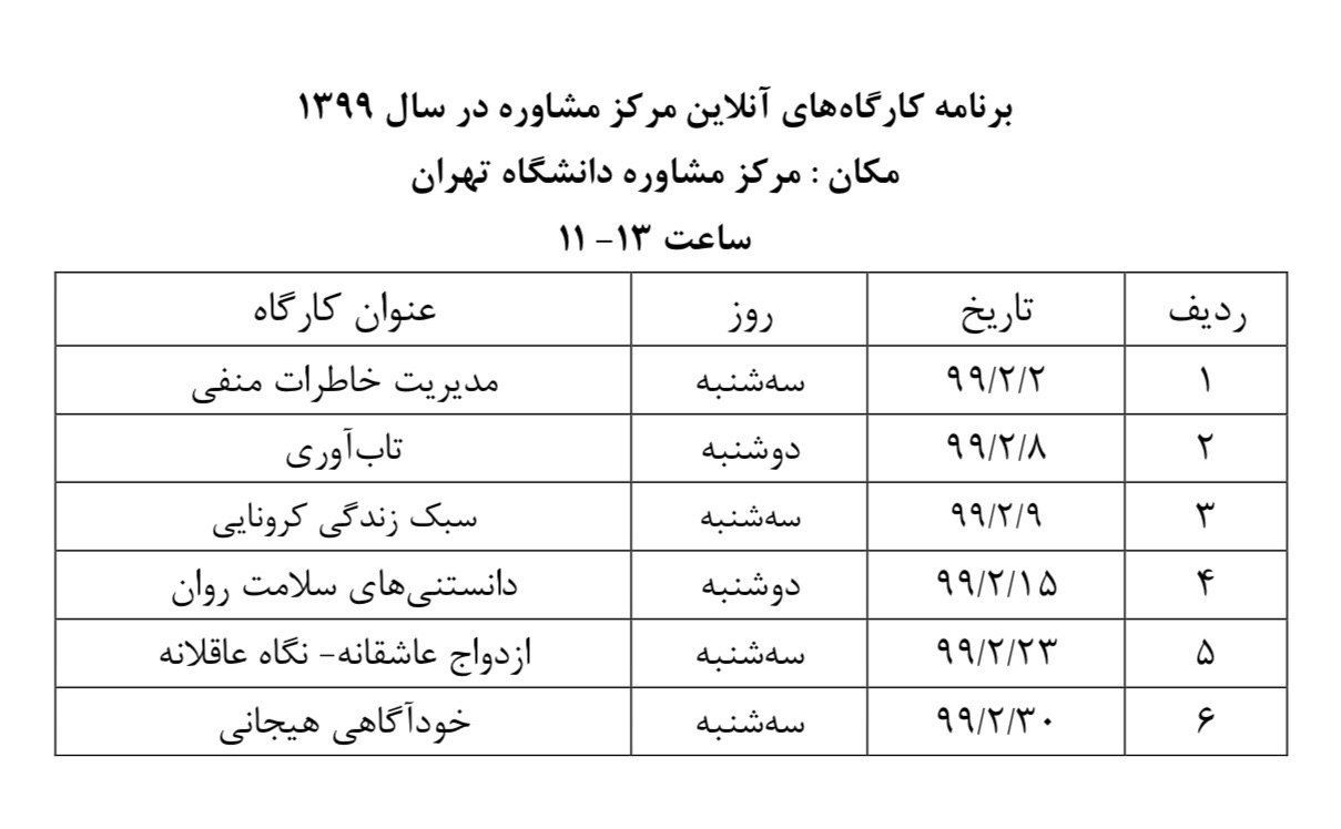 کارگاه&zwnj;های مشاوره آنلاین برای دانشجویان دانشگاه تهران برگزار می&zwnj;شود