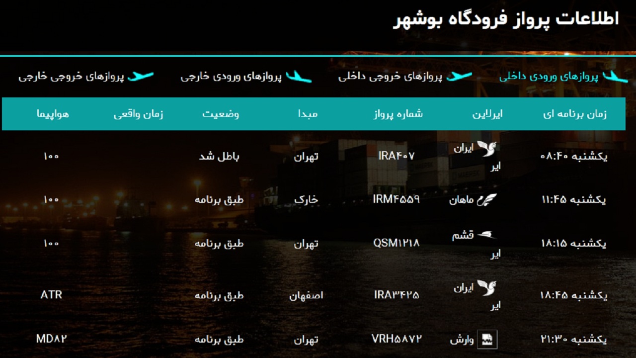 پرواز&zwnj;های فرودگاه بوشهر در ۳۱ فروردین ۹۹