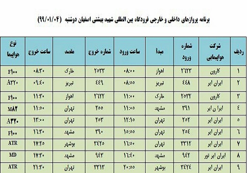 برنامه پرواز&zwnj;های ۳ فروردین فرودگاه شهید بهشتی