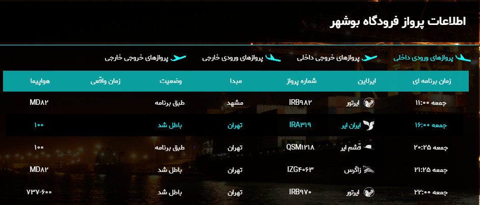 پرواز&zwnj;های فرودگاه بوشهر در ۸ فروردین ۹۹