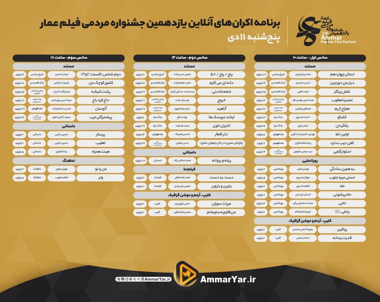اعلام جدول نمایش آنلاین یازدهمین جشنواره عمار/ تماشای آثار، رایگان است