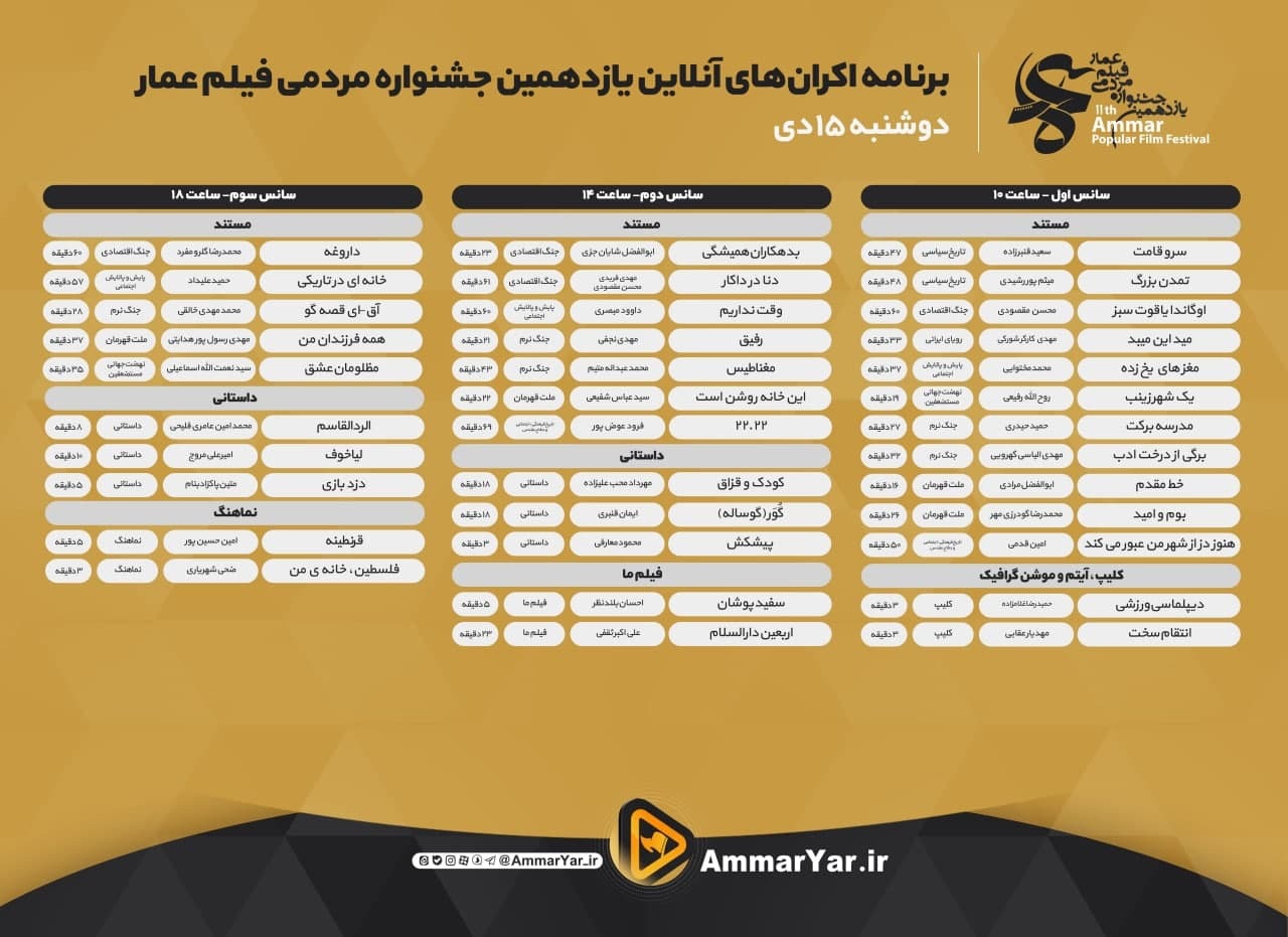 اعلام جدول نمایش آنلاین یازدهمین جشنواره عمار/ تماشای آثار، رایگان است
