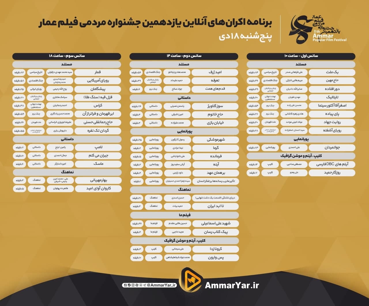 اعلام جدول نمایش آنلاین یازدهمین جشنواره عمار/ تماشای آثار، رایگان است