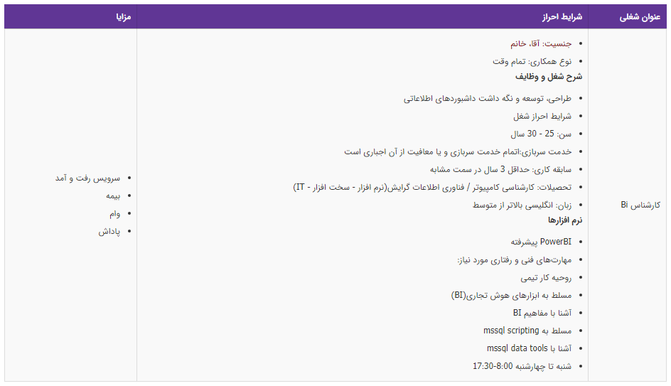 استخدام کارشناس Bi در تهران