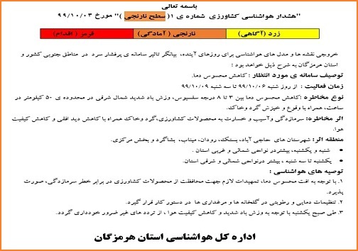 احتمال سرمازدگی محصولات کشاورزی در هرمزگان
