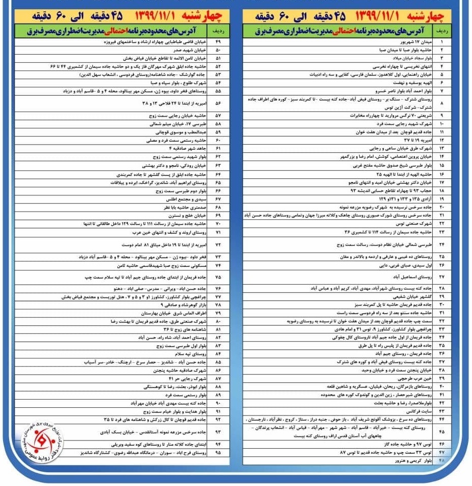 برق کدام مناطق مشهد قطع می&zwnj;شود؟